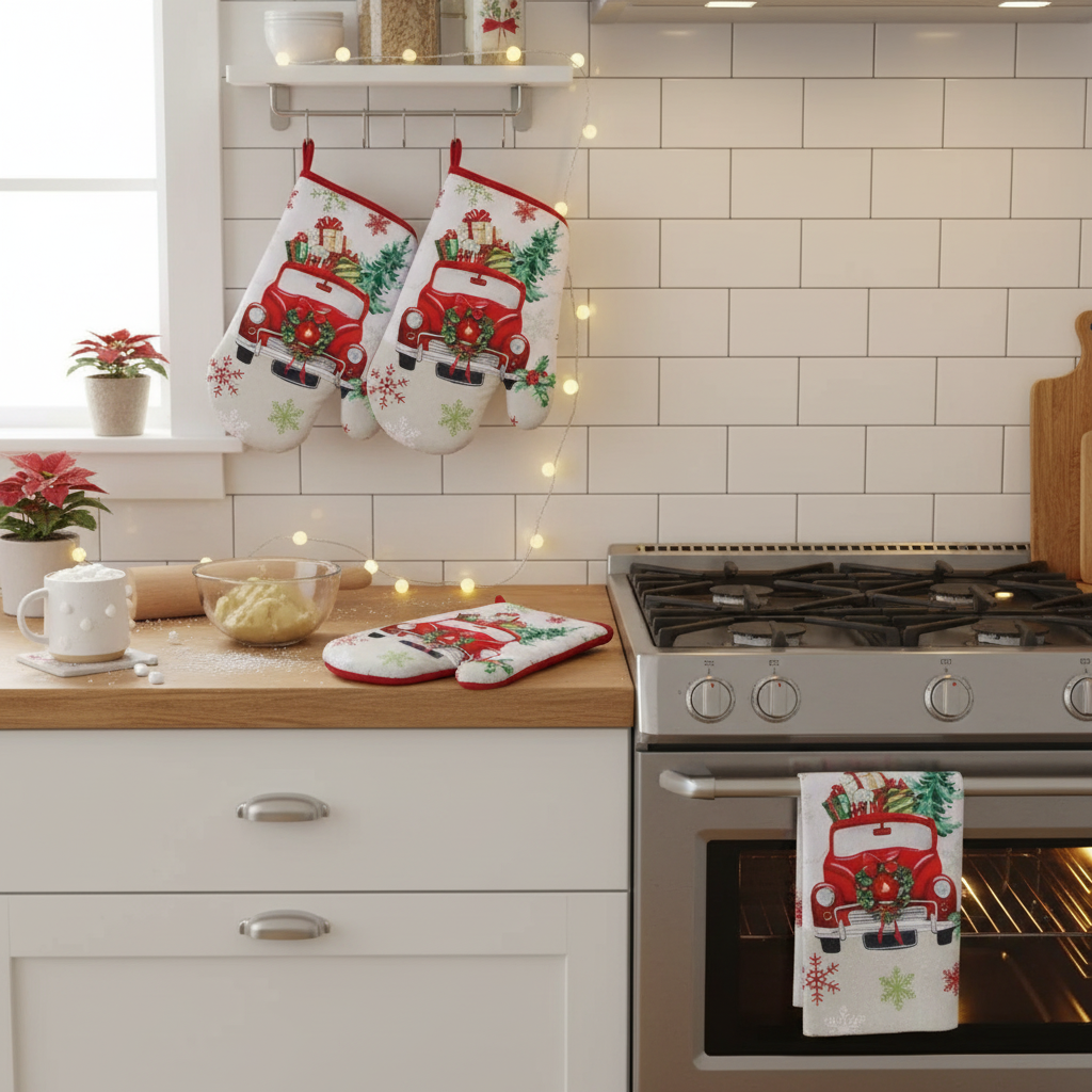 Truck with Gifts Quilted Oven Mitt – Heat Resistant, Kitchen Baking Gloves – Set of 4