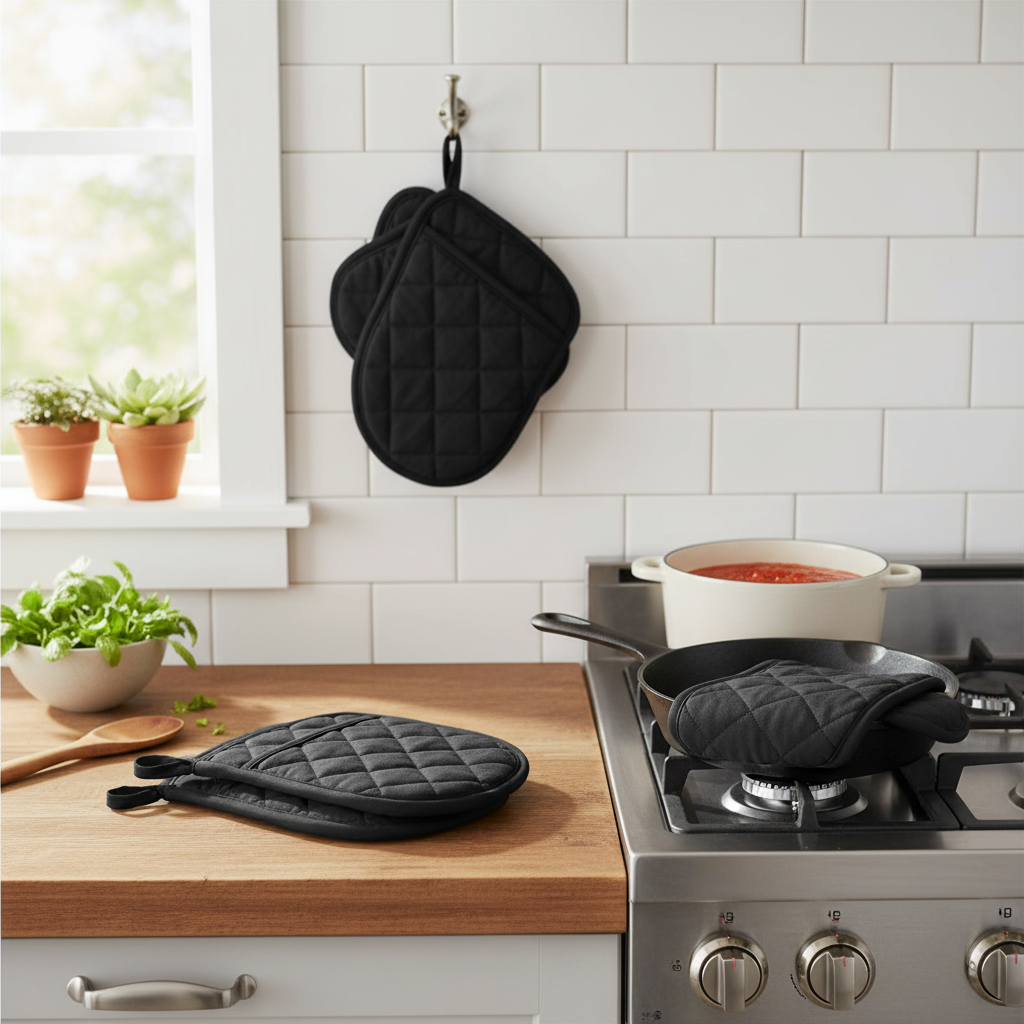Black Quilted Pot Holder with Pocket – Heat Resistant, Kitchen Cooking Accessory – Set of 4