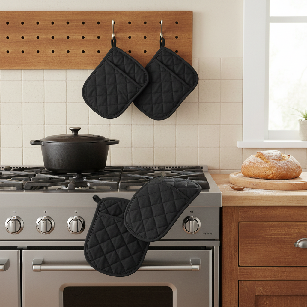 Black Quilted Pot Holder with Pocket – Heat Resistant, Kitchen Cooking Accessory – Set of 4