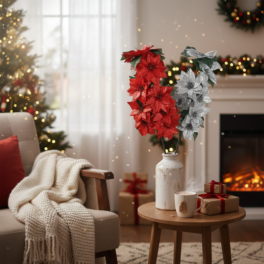 Shiny Poinsettia Spray Set of 3, Christmas Floral Spray, Holiday Decoration Stem
