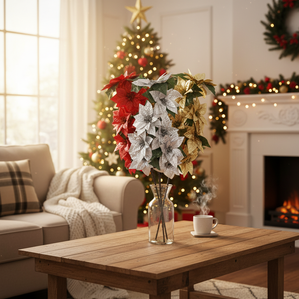 Shiny Poinsettia Spray Set of 3, Christmas Floral Spray, Holiday Decoration Stem