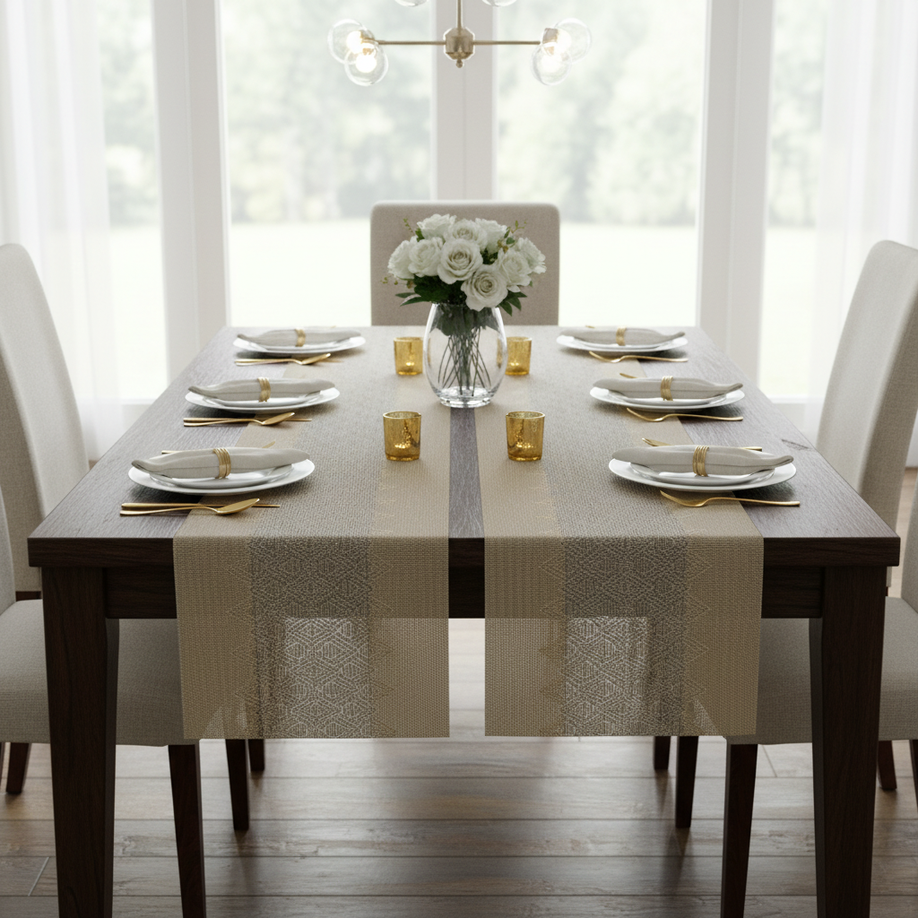 Vinyl Table Runner 54 Inch Diamond Band Gold Set Of 2, Table Decor, Dining Accent