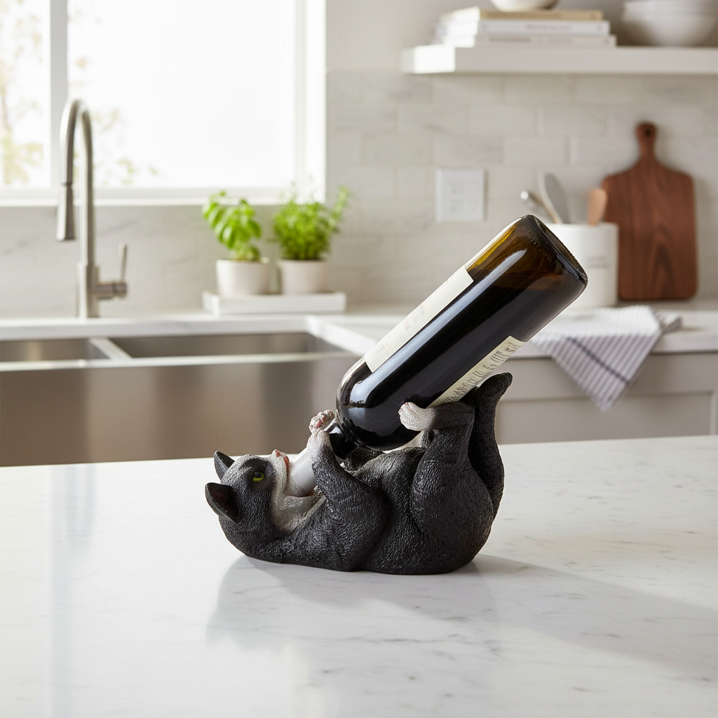 Wine Bottle Holder Cat On Back, Kitchen Counter Decor, Novelty Wine Accessory