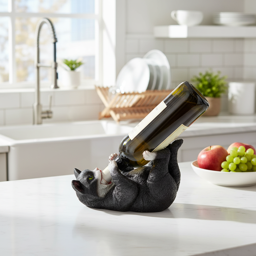 Wine Bottle Holder Cat On Back, Kitchen Counter Decor, Novelty Wine Accessory