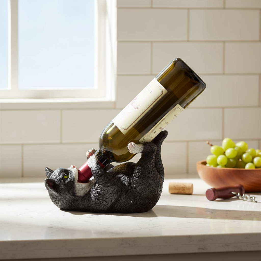 Wine Bottle Holder Cat On Back, Kitchen Counter Decor, Novelty Wine Accessory