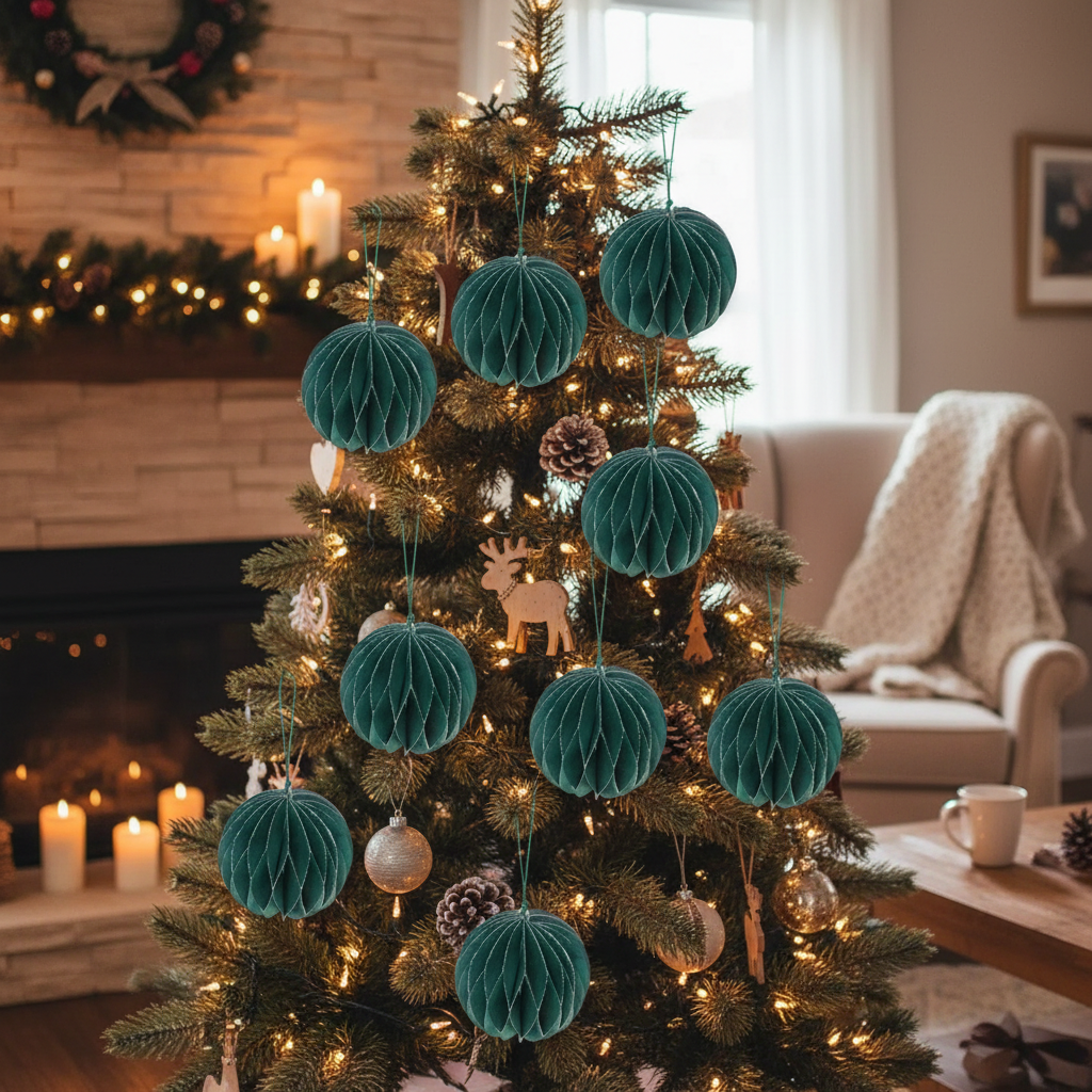 3.94" Green Folding Paper Ball Ornament Set of 12 – Holiday Tree Decoration