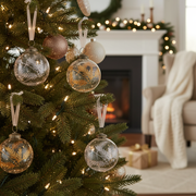 4 Inch Clear Glass Ornament With Leaf Etching Gold and Silver Christmas Tree Decor - Set of 4