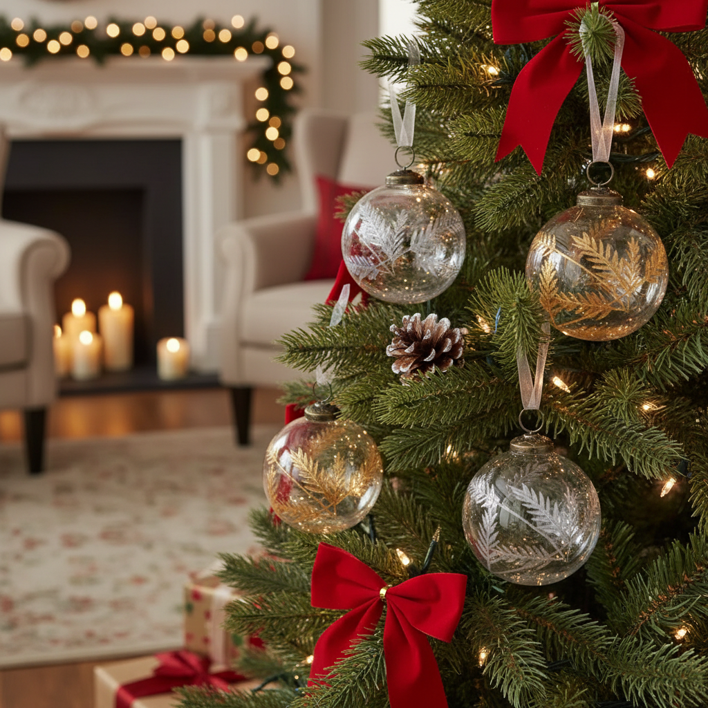 4 Inch Clear Glass Ornament With Leaf Etching Gold and Silver Christmas Tree Decor - Set of 4