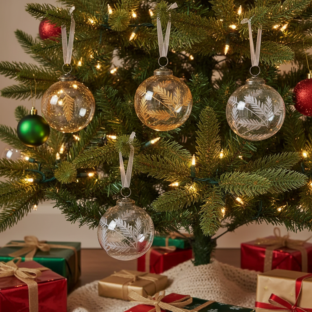 4 Inch Clear Glass Ornament With Leaf Etching Gold and Silver Christmas Tree Decor - Set of 4