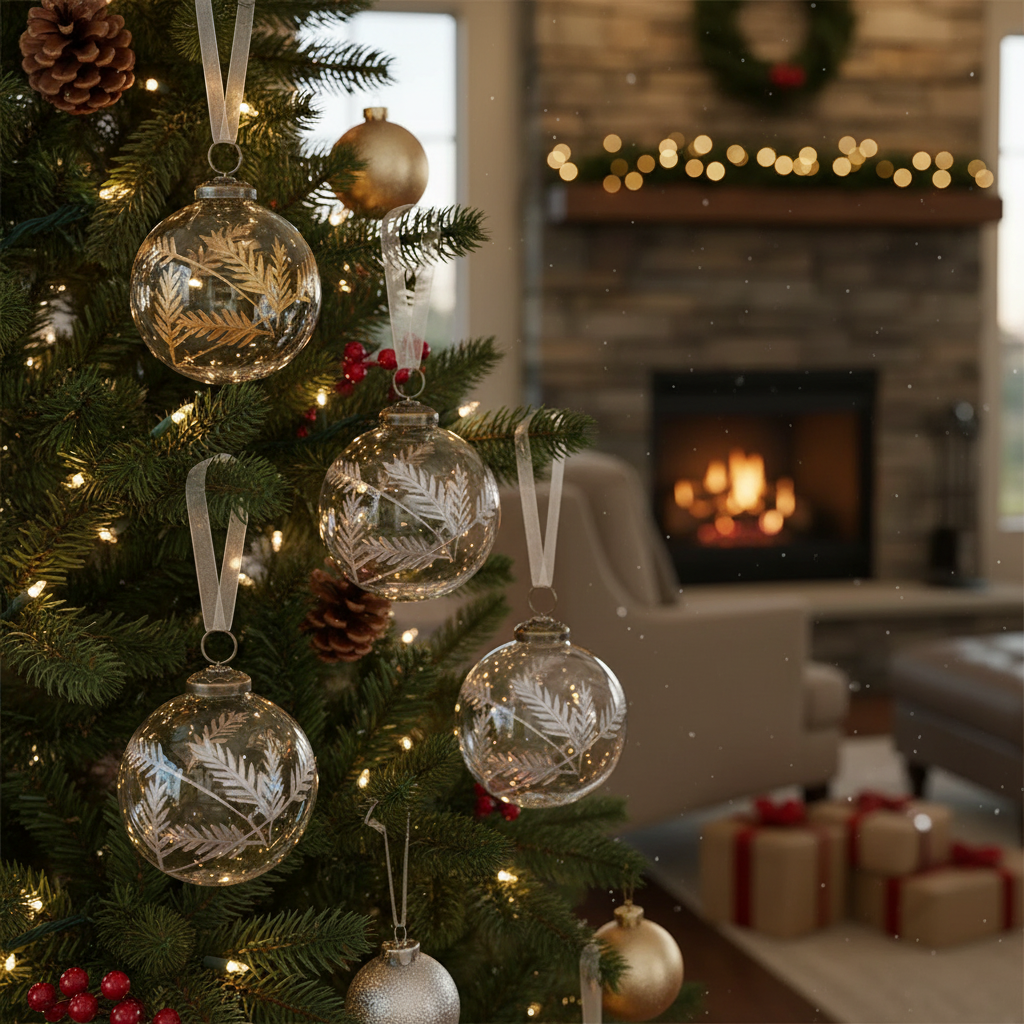 4 Inch Clear Glass Ornament With Leaf Etching Gold and Silver Christmas Tree Decor - Set of 4
