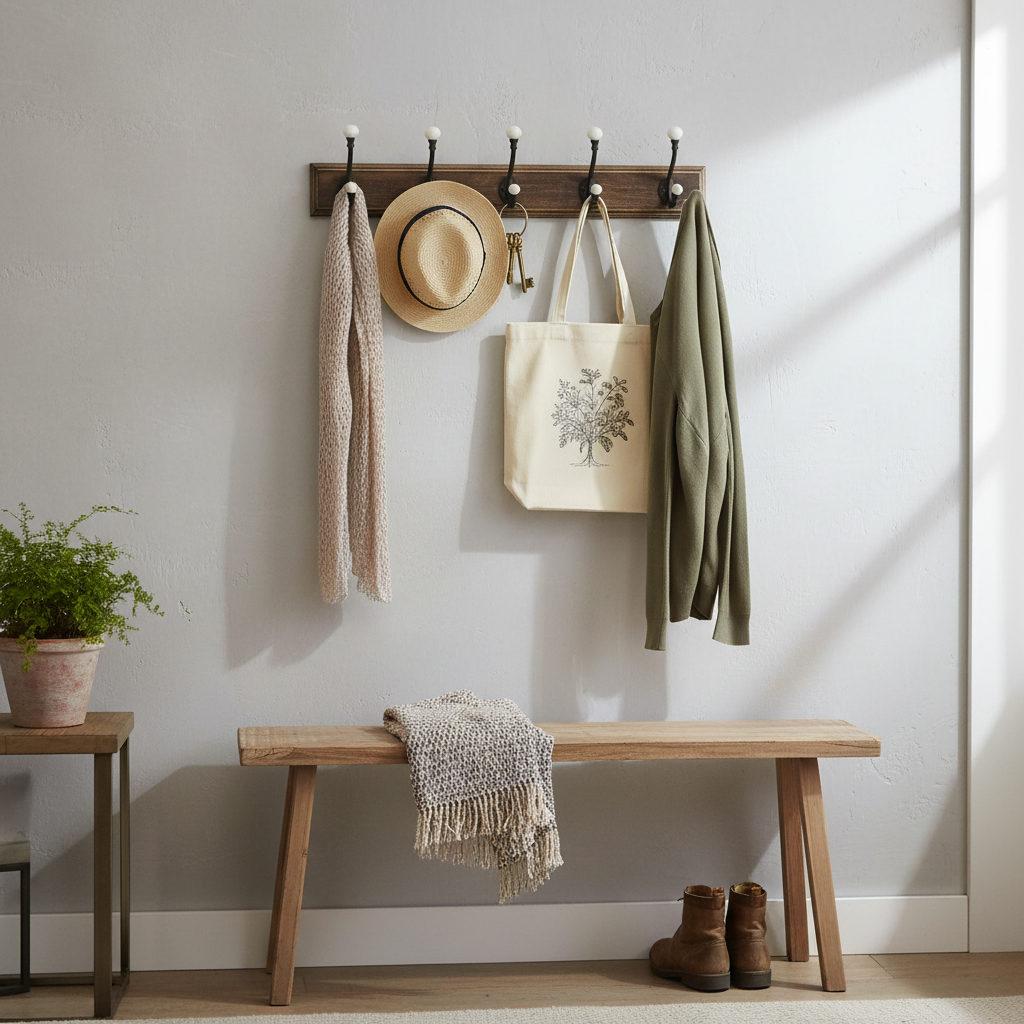 5 Iron Wall Hooks With Ceramic Knobs On Wooden Base Decorative Wall Organizer