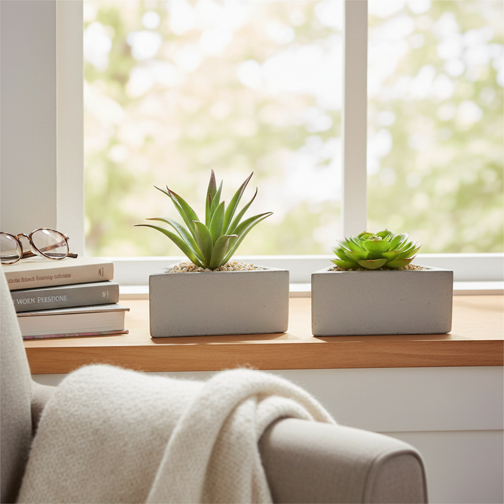 Artificial Succulent In Triangular Cement Pot Assorted Decorative Indoor Plant