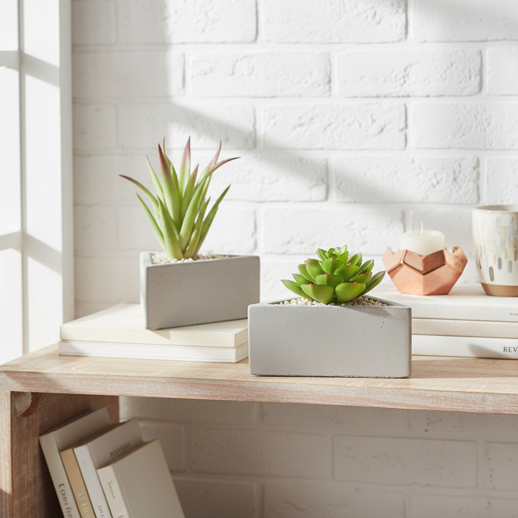 Artificial Succulent In Triangular Cement Pot Assorted Decorative Indoor Plant
