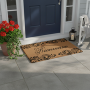Coir Door Mat Bienvenue Scroll 18 X 30 Inch, Outdoor Welcome Mat, Front Porch Decor
