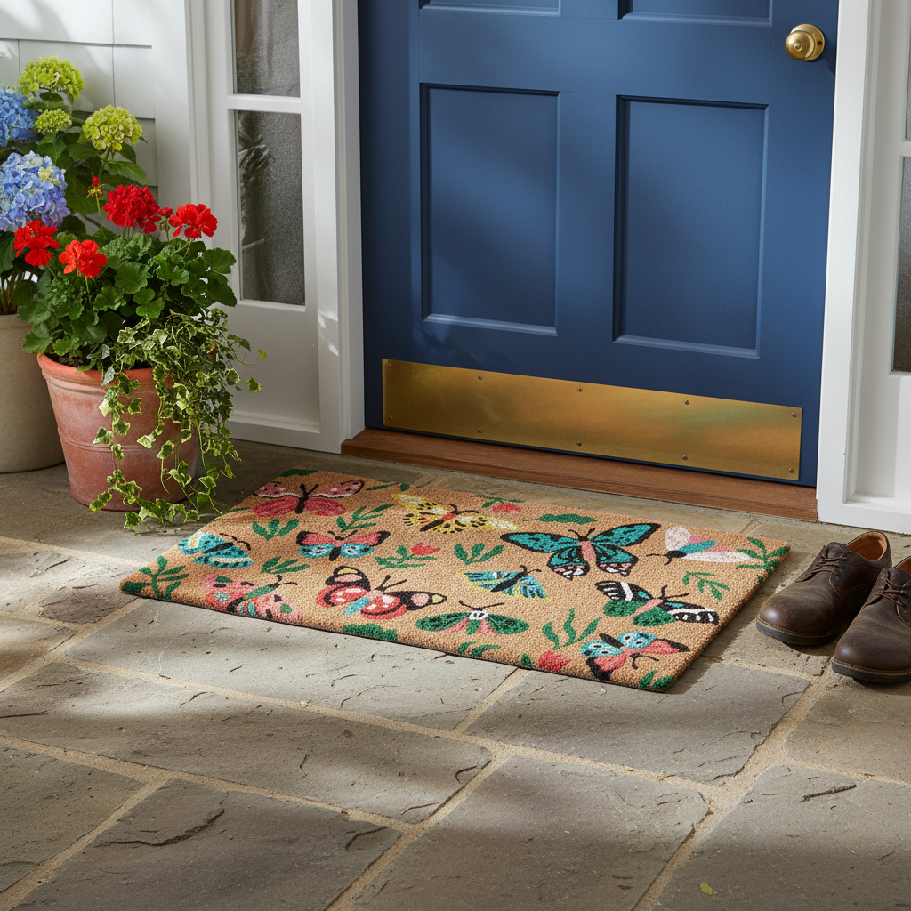 Coir Door Mat Garden Butterflies 18 X 30 Inch, Outdoor Front Porch Welcome Mat