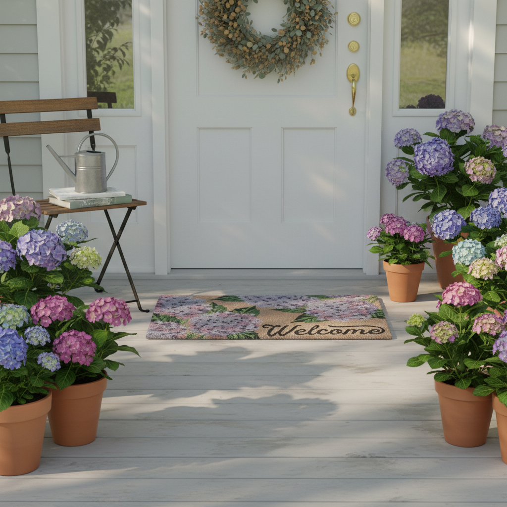 Coir Door Mat Hydrangea Welcome 18 X 30 Inch, Outdoor Front Door Welcome Mat, Porch Decor