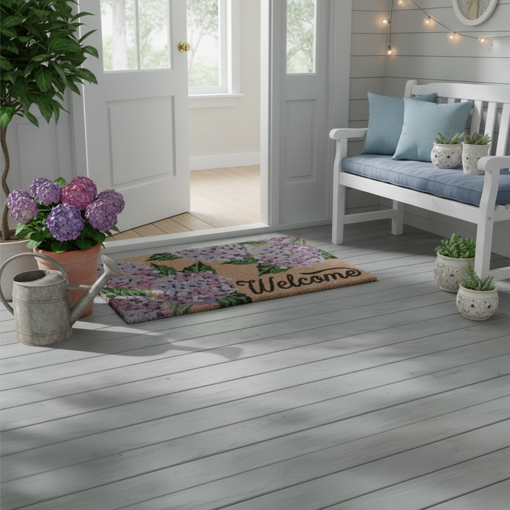 Coir Door Mat Hydrangea Welcome 18 X 30 Inch, Outdoor Front Door Welcome Mat, Porch Decor