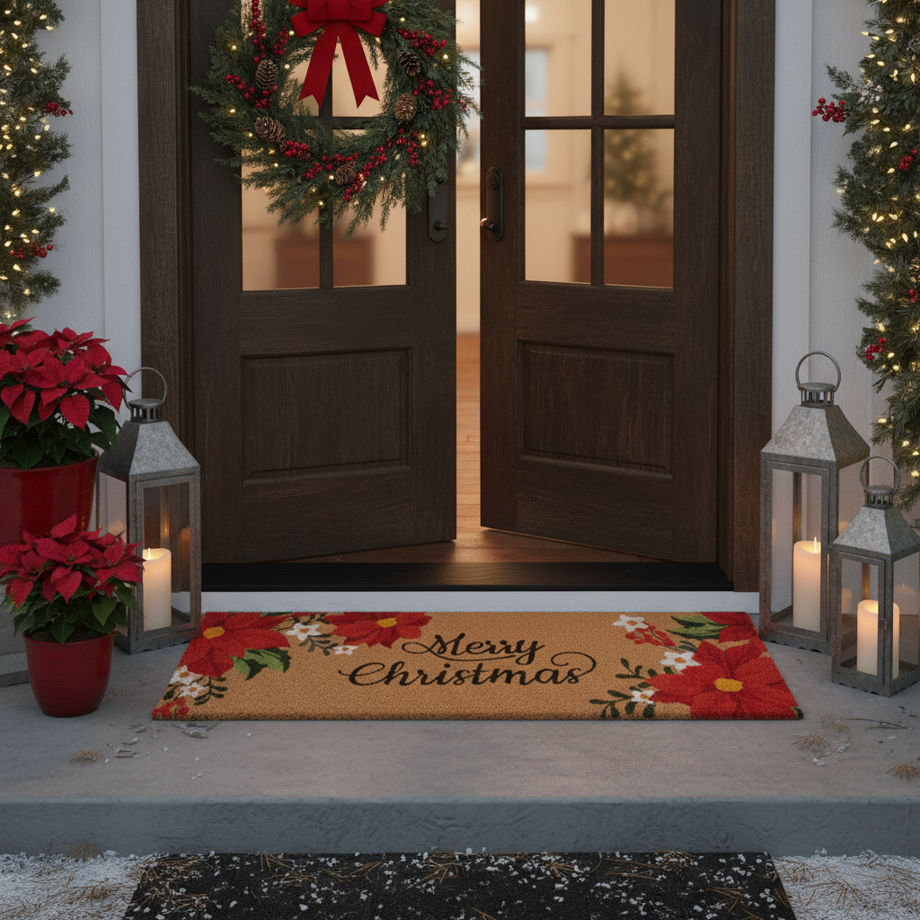 Coir Door Mat Poinsettia Merry Christmas 16 X 48 Holiday Front Door Mat