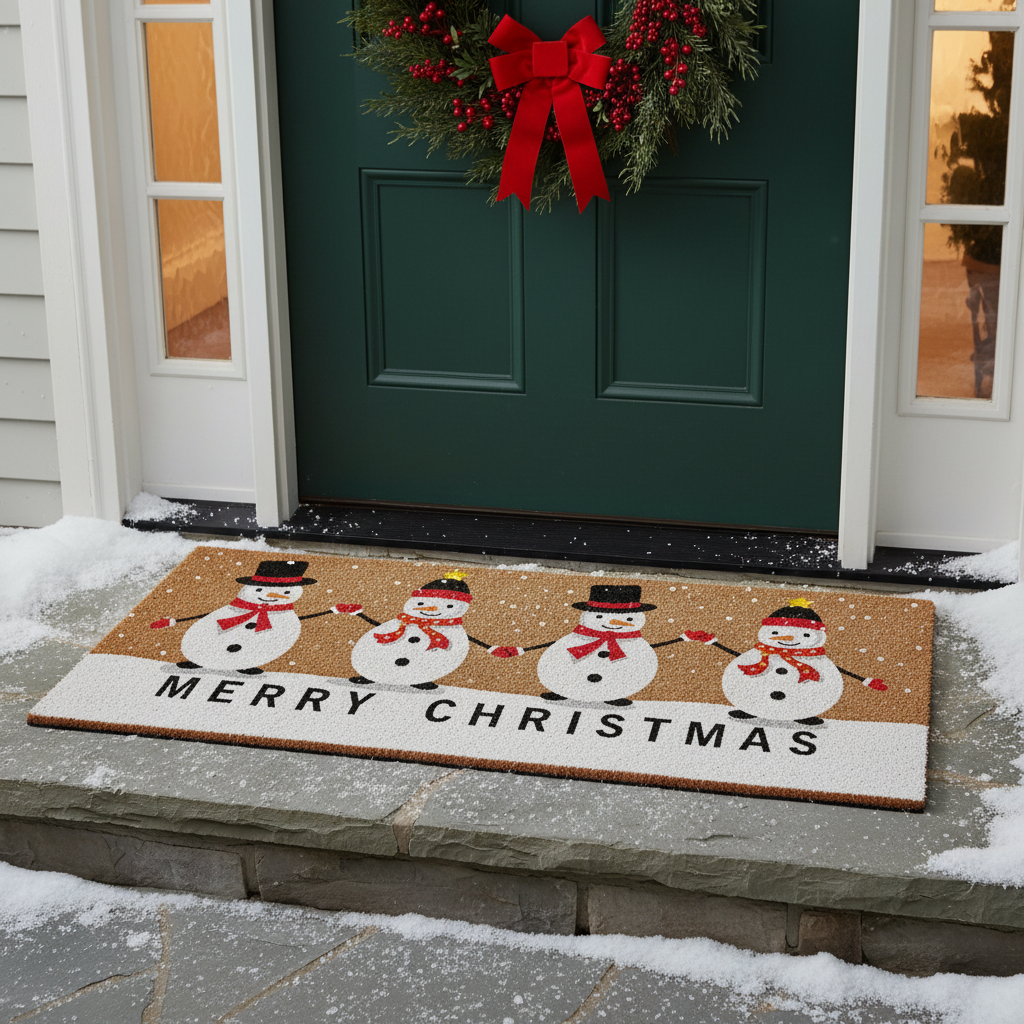 Coir Door Mat Quadruple Snowman Merry Christmas 16 X 48 Holiday Door Mat