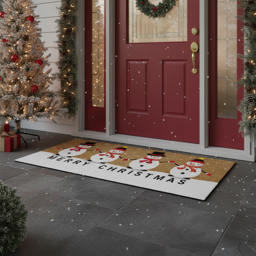 Coir Door Mat Quadruple Snowman Merry Christmas 16 X 48 Holiday Door Mat
