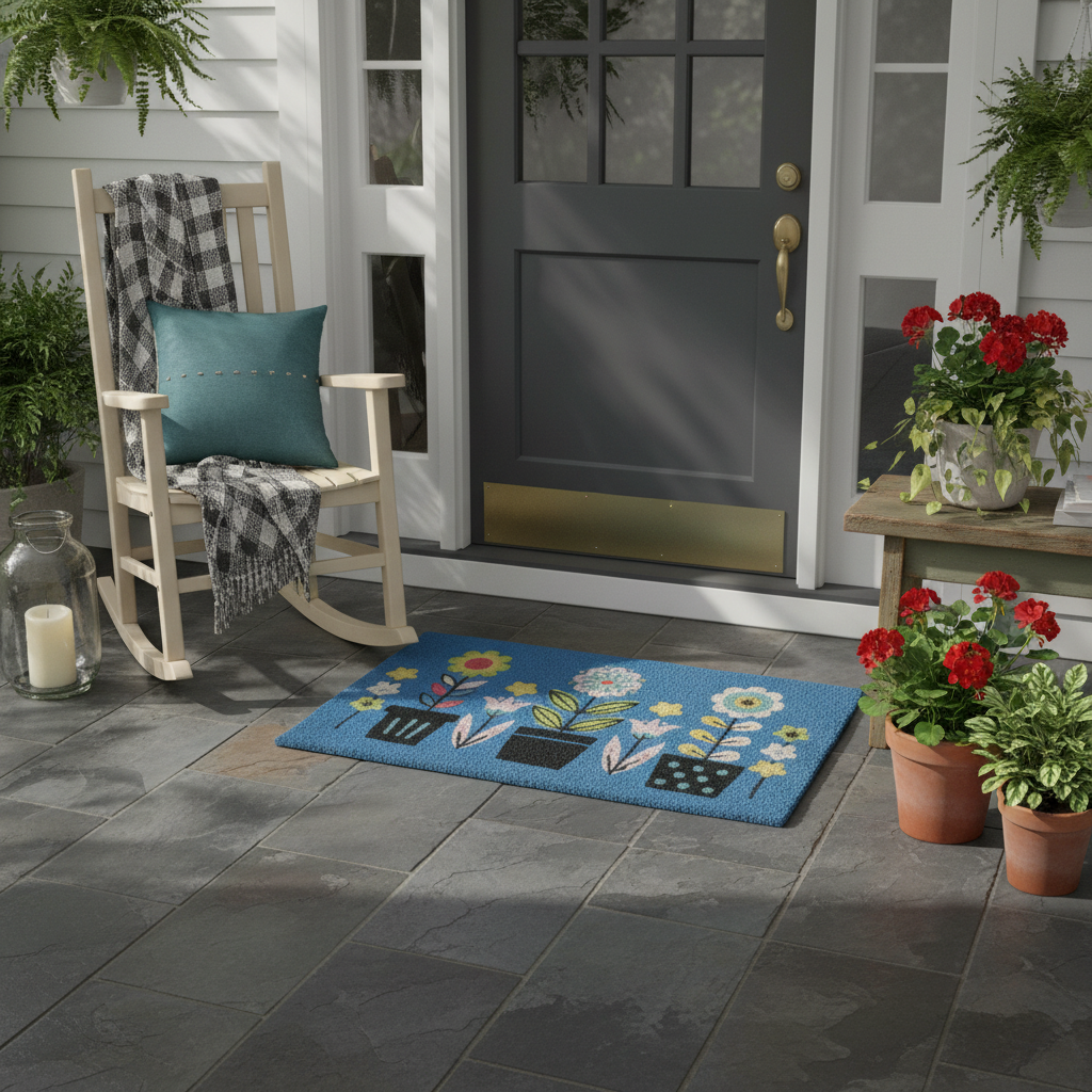 Coir Door Mat Triple Florals 18 X 30 Inch, Large Outdoor Welcome Mat, Front Porch Decor