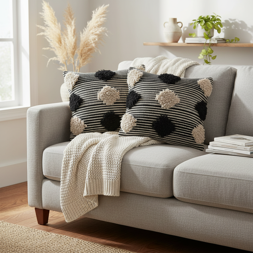 Cotton Handwoven Cushion Pompom Design - Set of 2 Decorative Throw Pillow