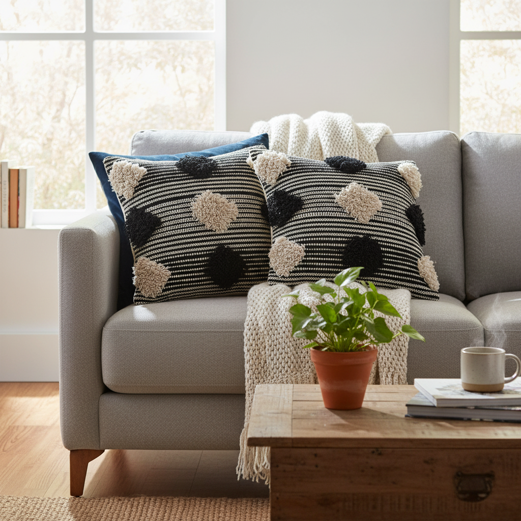 Cotton Handwoven Cushion Pompom Design - Set of 2 Decorative Throw Pillow