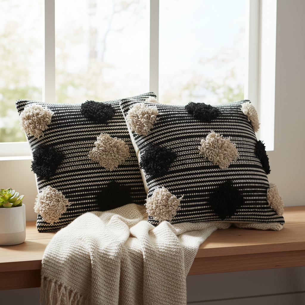 Cotton Handwoven Cushion Pompom Design - Set of 2 Decorative Throw Pillow