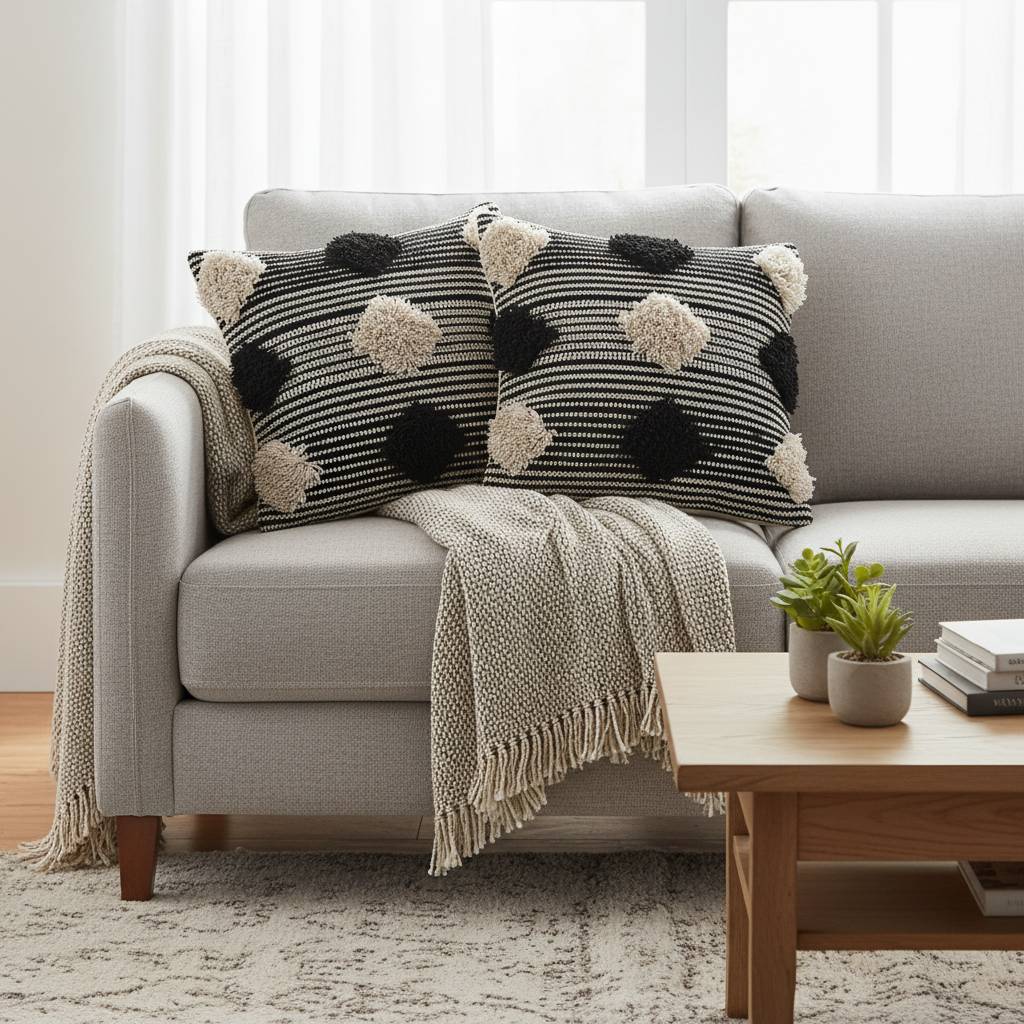 Cotton Handwoven Cushion Pompom Design - Set of 2 Decorative Throw Pillow