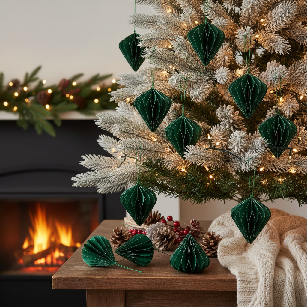 Green Folding Paper Pyramid Ornament Set of 12 – Holiday Tree Decoration