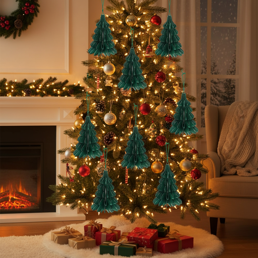 Green Folding Paper Tree Ornament Set of 12 – Holiday Tree Decoration
