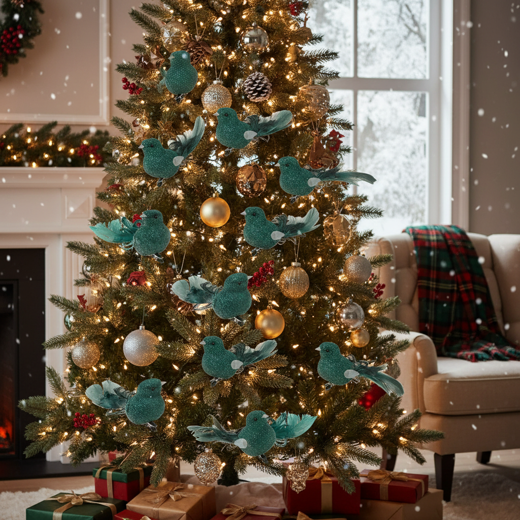 Green Glitter Feather Tail Bird Ornament Set of 12 – Holiday Tree Decoration