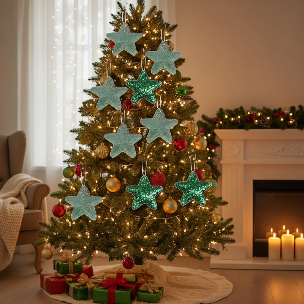 Green Sequin Star Christmas Ornament Set of 12 – Holiday Tree Decoration