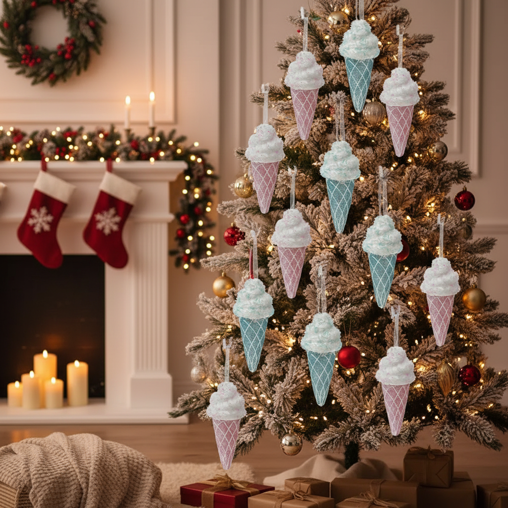 Ice Cream Cone Christmas Ornament Set of 12 – Holiday Tree Decoration