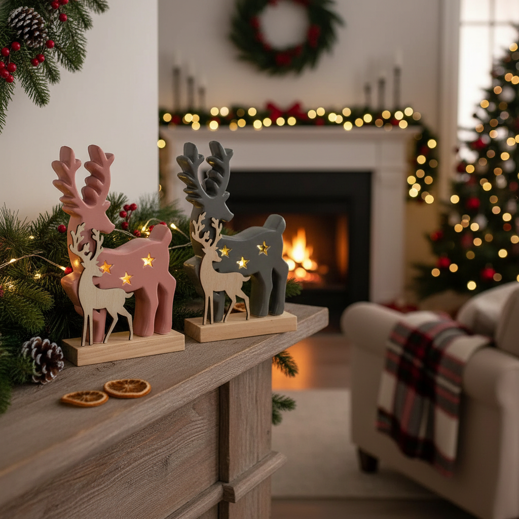LED Deer with Wooden Stand Christmas Decoration Set of 3 – Holiday Table Decor, LED Figurine