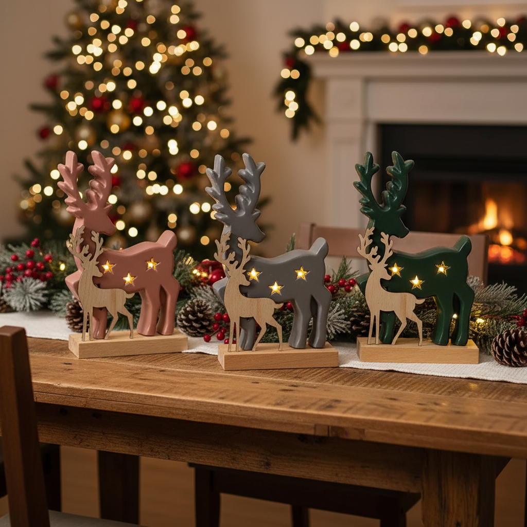 LED Deer with Wooden Stand Christmas Decoration Set of 3 – Holiday Table Decor, LED Figurine