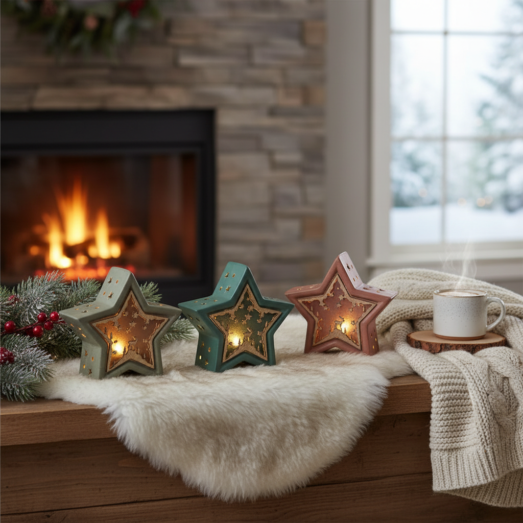 LED Star with Wooden Scenic Set of 3 – Christmas Holiday Decoration