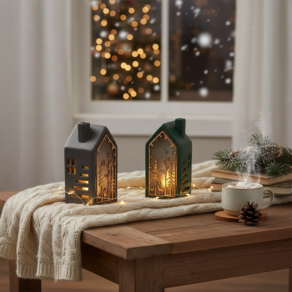 LED Wooden House Shape with Scenic Christmas Ornament Set of 3 – Holiday Table Decor, LED Christmas Decoration