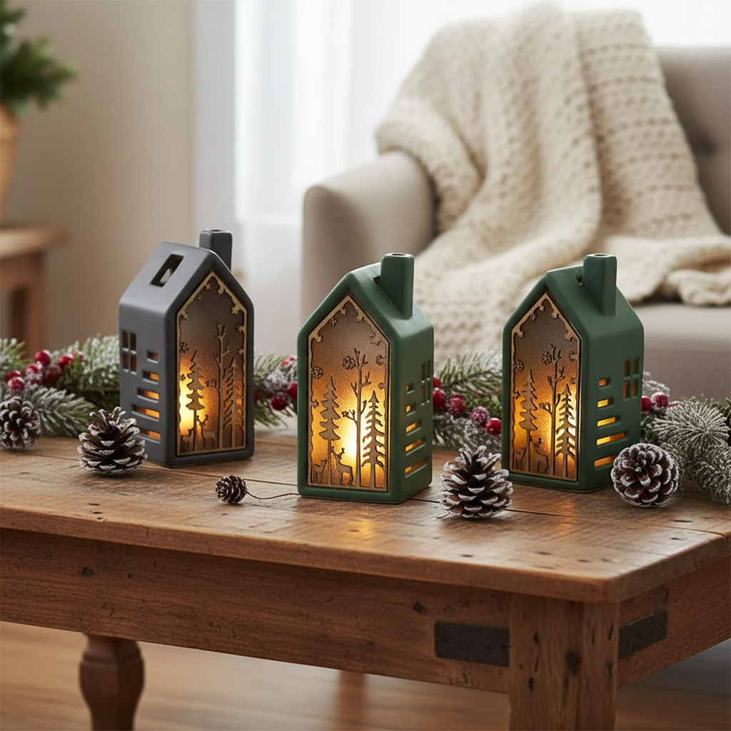LED Wooden House Shape with Scenic Christmas Ornament Set of 3 – Holiday Table Decor, LED Christmas Decoration