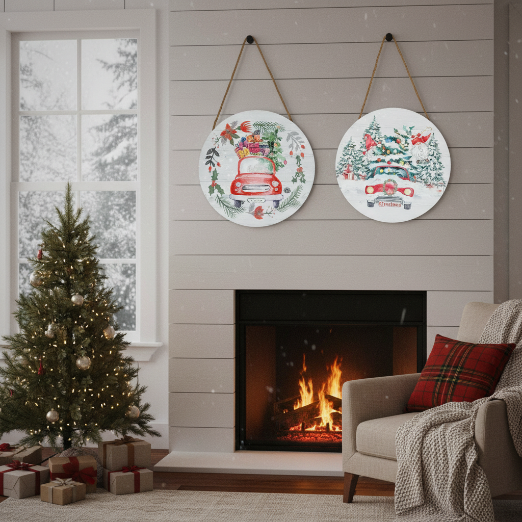 MDF Round Wall Hanger Holiday Red Truck Christmas Wall Decor - Set of 2