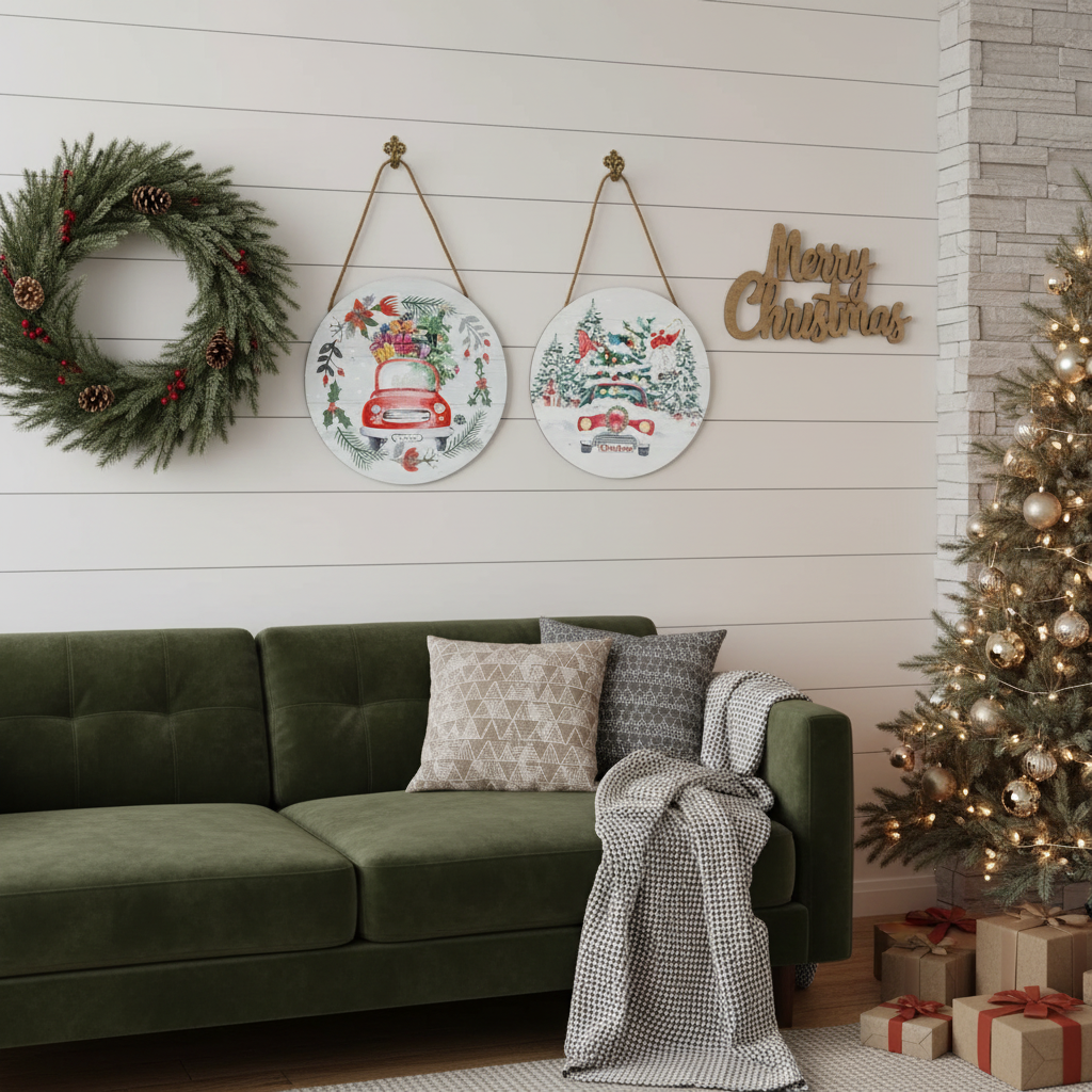 MDF Round Wall Hanger Holiday Red Truck Christmas Wall Decor - Set of 2