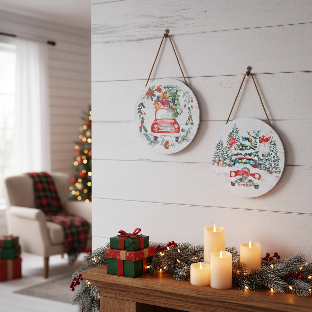 MDF Round Wall Hanger Holiday Red Truck Christmas Wall Decor - Set of 2