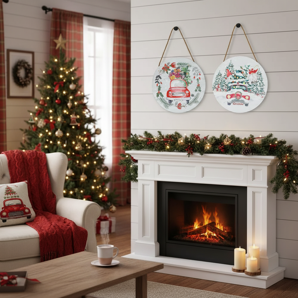 MDF Round Wall Hanger Holiday Red Truck Christmas Wall Decor - Set of 2