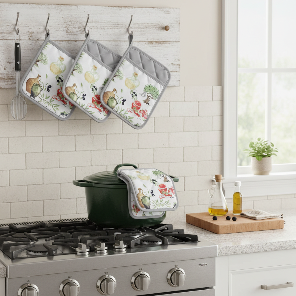 Pot Holder With Pocket Olives Design Set Of 6, Kitchen Heat Resistant Accessory