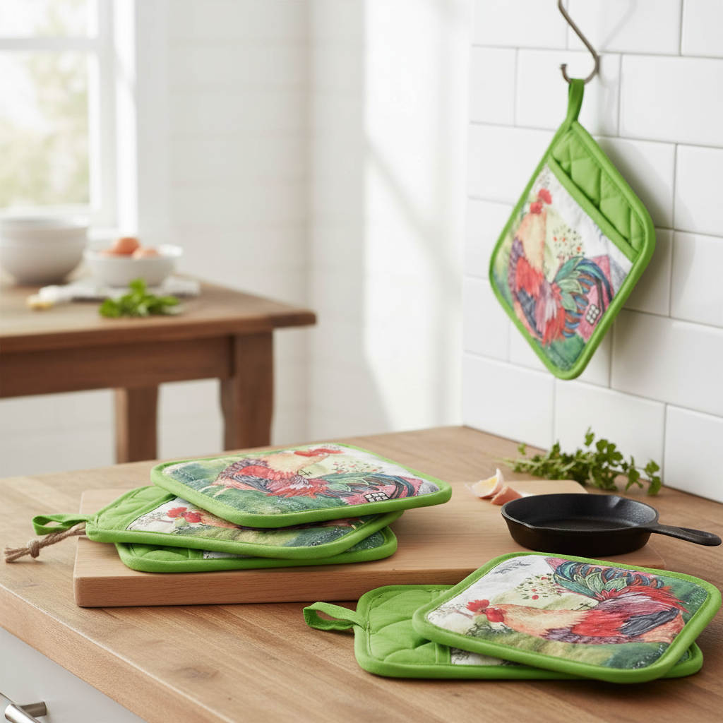 Pot Holder With Pocket Roosters Design Set Of 6, Kitchen Heat Resistant Accessory