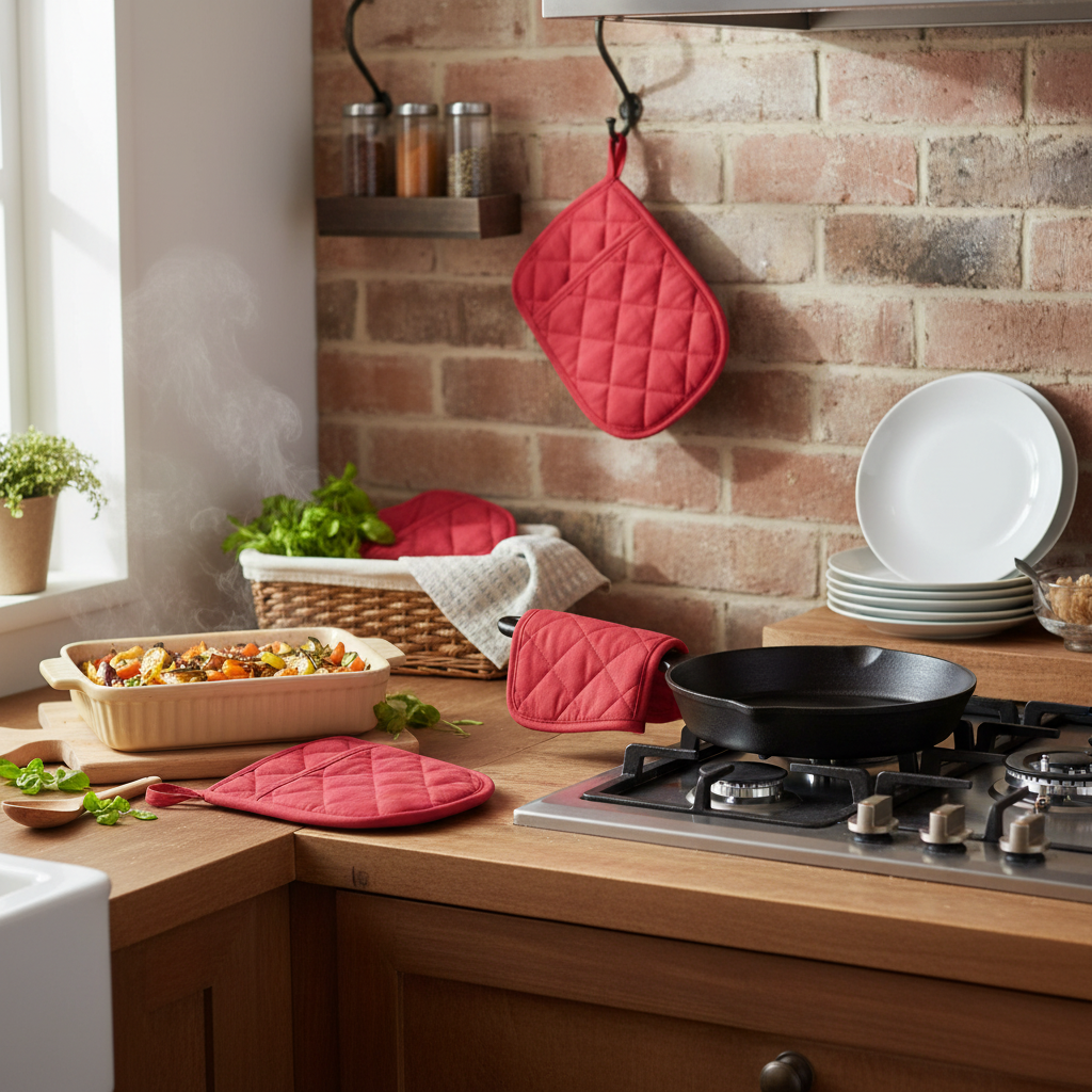 Red Quilted Pot Holder with Pocket – Heat Resistant Kitchen Cooking Accessory – Set of 4