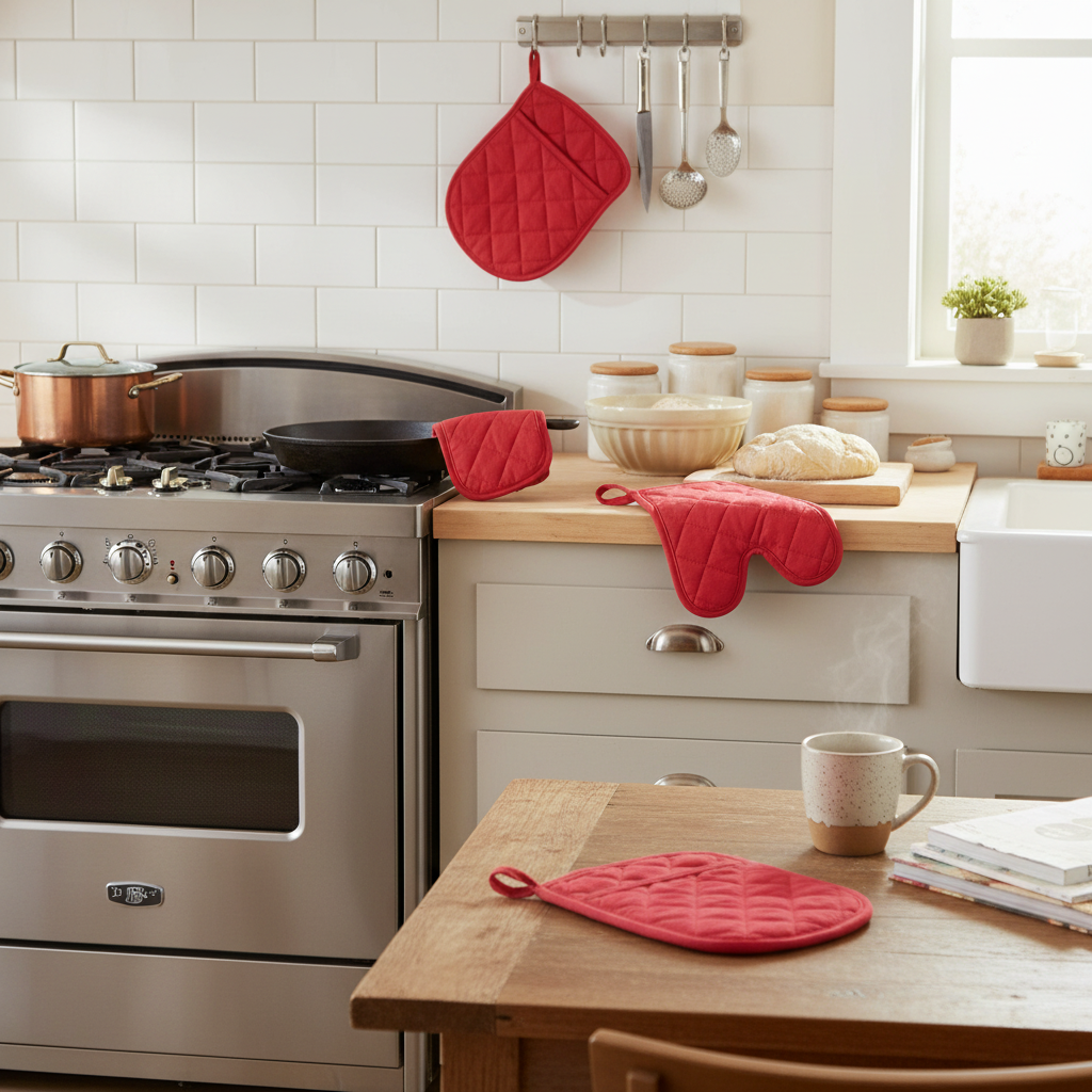 Red Quilted Pot Holder with Pocket – Heat Resistant Kitchen Cooking Accessory – Set of 4