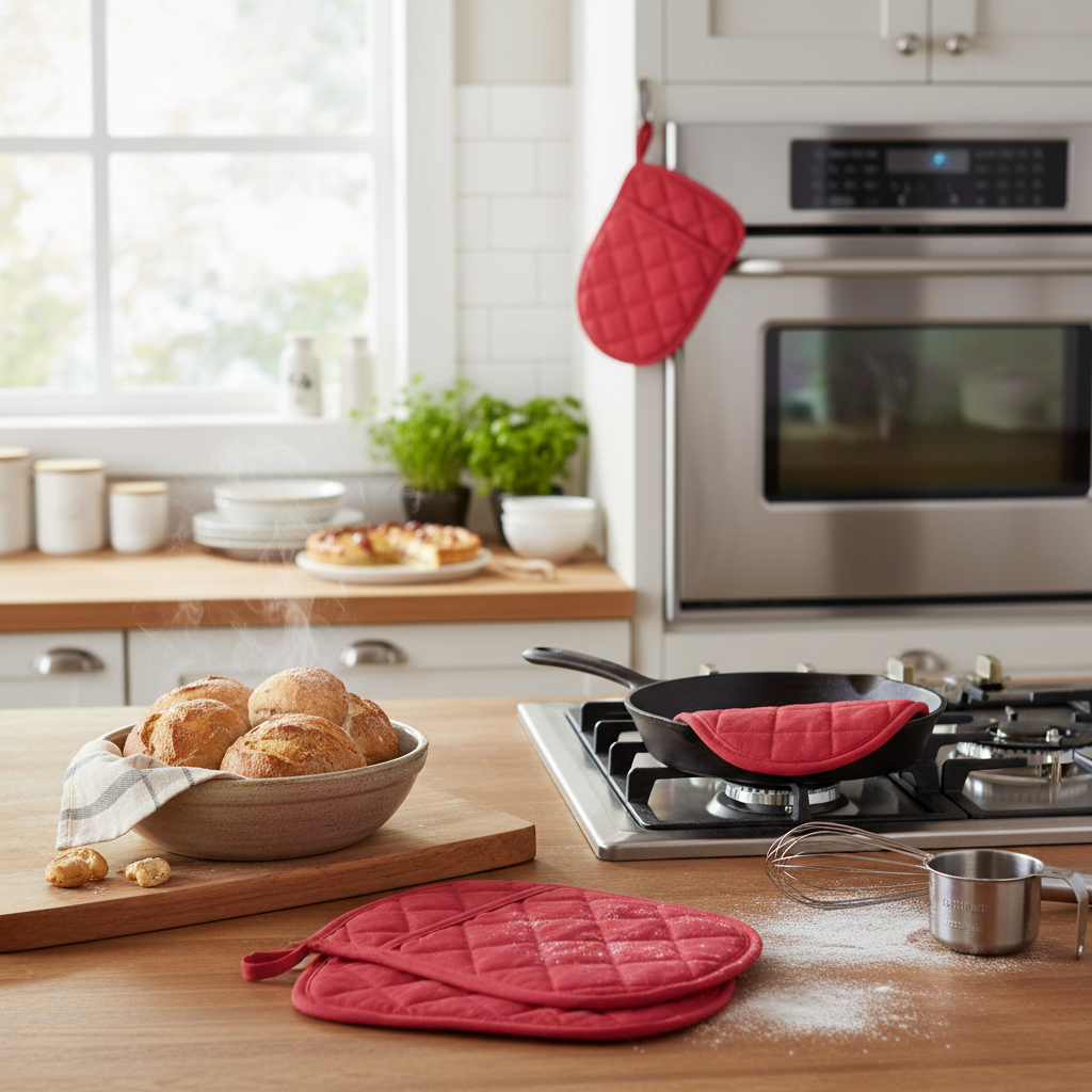 Red Quilted Pot Holder with Pocket – Heat Resistant Kitchen Cooking Accessory – Set of 4
