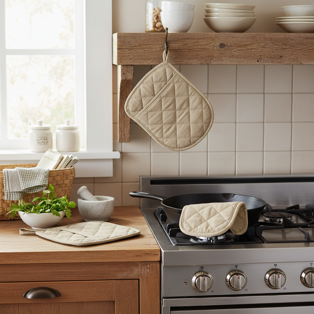 Taupe Quilted Pot Holder with Pocket – Heat Resistant, Kitchen Cooking Accessory – Set of 4