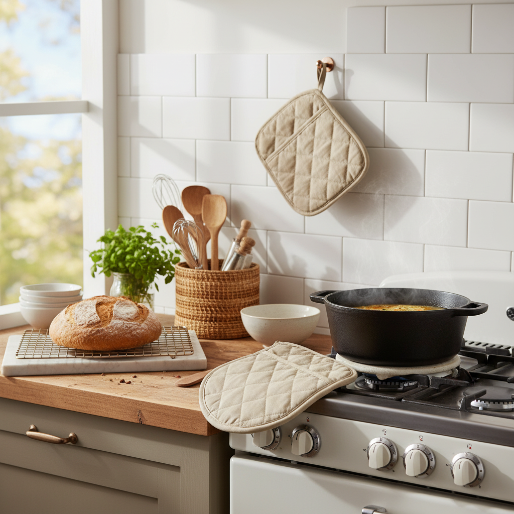 Taupe Quilted Pot Holder with Pocket – Heat Resistant, Kitchen Cooking Accessory – Set of 4
